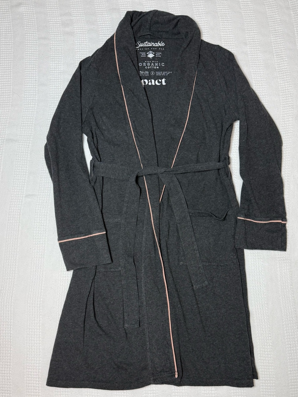 Pact Organic Cotton Knit Robe Charcoal Grey Pink Piping Belted Lounge S